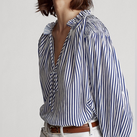 NWOT Ralph Lauren Blue Label collection French Blue & White V-Neck Blouse - Picture 4 of 10